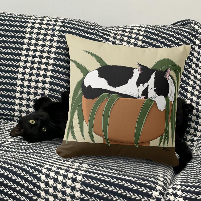 Cat Black White Plant Funny Throw Pillow (Creator Uploaded)