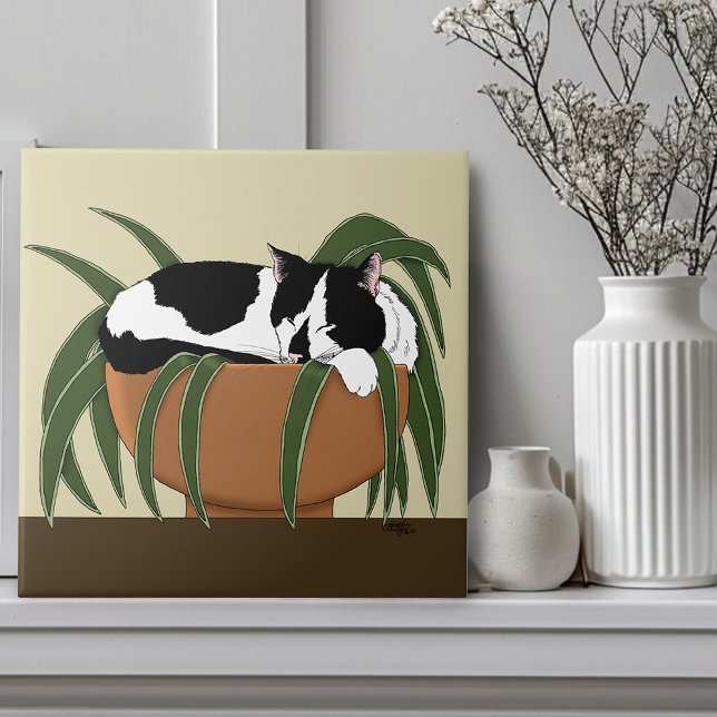 Cat Black White Plant Funny Tile (Creator Uploaded)