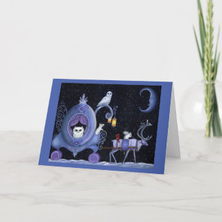 Cat Blue Carriage Winter Snowy Owl White Deer Cute Card
