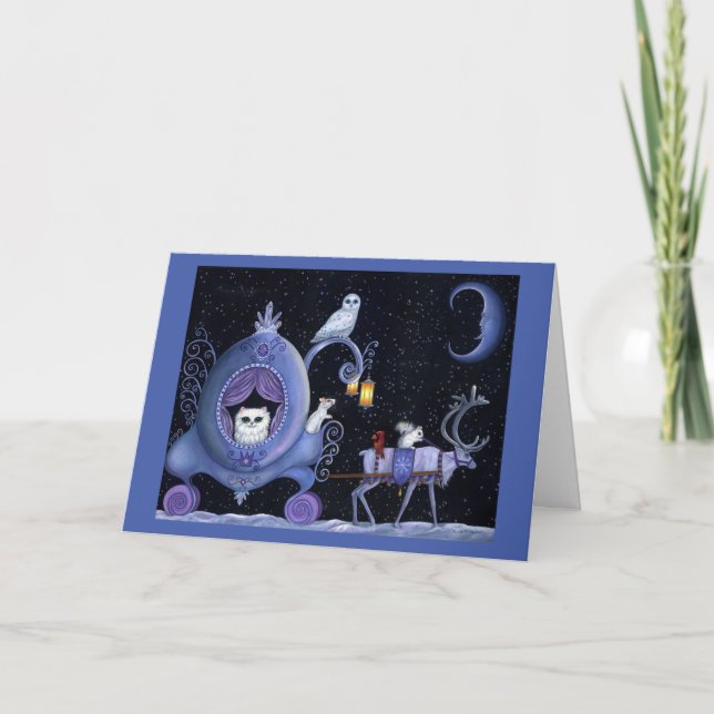 Cat Blue Carriage Winter Snowy Owl White Deer Cute Card (Front)