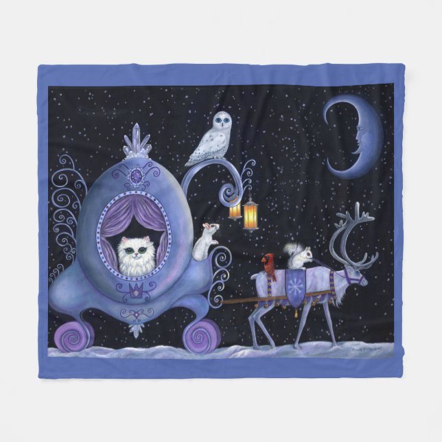 Cat Blue Carriage Winter Snowy Owl White Deer Cute Fleece Blanket (Front (Horizontal))