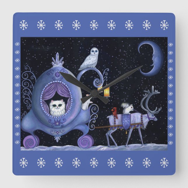 Cat Blue Carriage Winter Snowy Owl White Deer Cute Square Wall Clock (Front)