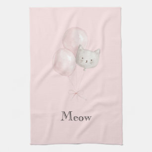 Cat Blush Pink Balloons Kitchen Towel