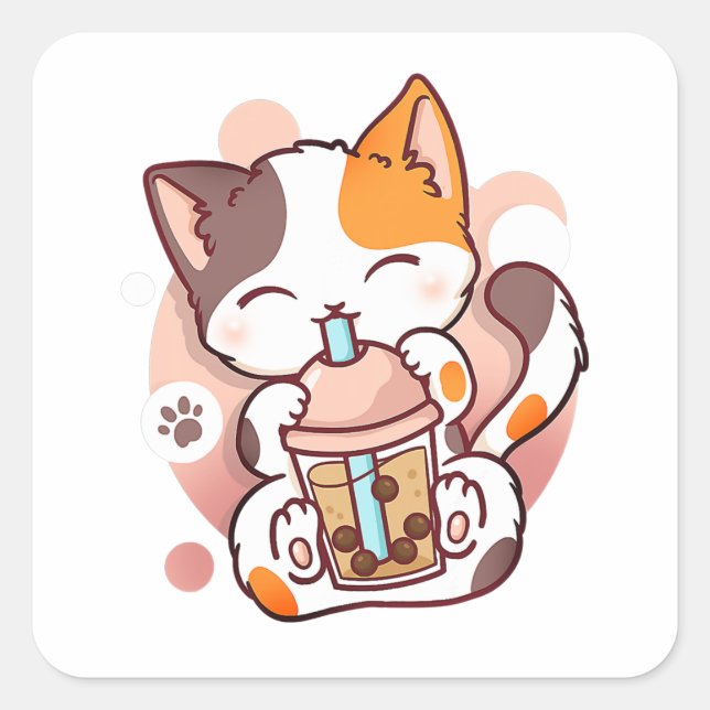 Cat Boba Tea Bubble Tea Anime Kawaii Neko for Girl Square Sticker (Front)
