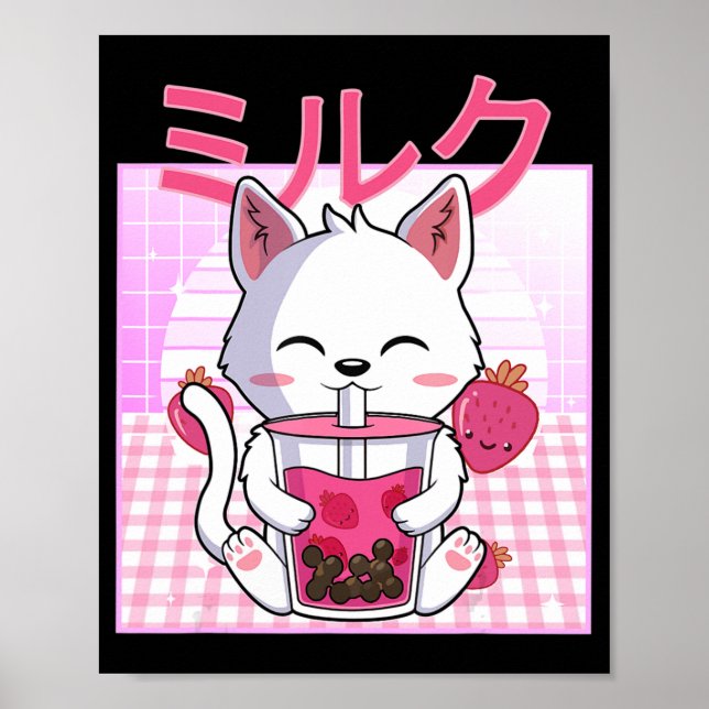 Cat Boba Tea Bubble Tea Anime Kawaii Neko Gift Kid Poster (Front)