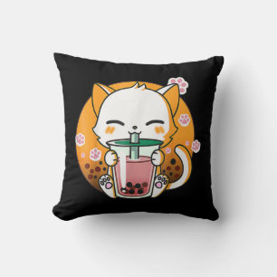 Cat Boba Tea Bubble Tea Anime Kawaii Neko Gifts Gi Throw Pillow