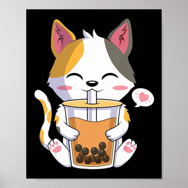 Cat Boba Tea Bubble Tea Anime Kawaii Neko Girl Tee Poster (Front)