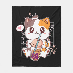 Cat Boba Tea Bubble Tea Kawaii Anime Japanese Neko Fleece Blanket
