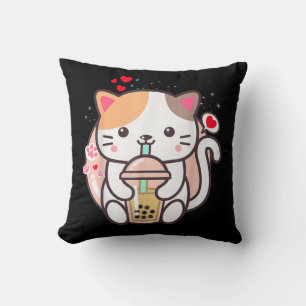Cat Boba Tea Bubble Tea Kawaii Anime Japanese Neko Throw Pillow