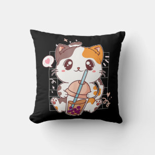Cat Boba Tea Bubble Tea Kawaii Anime Japanese Neko Throw Pillow