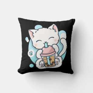 Cat Boba Tea Bubble Tea Kawaii Anime Japanese Neko Throw Pillow