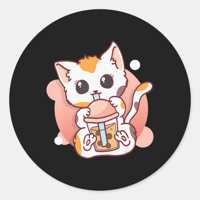 Cat Boba Tea Bubble Tea Kawaii Anime Neko for Girl Classic Round Sticker (Front)