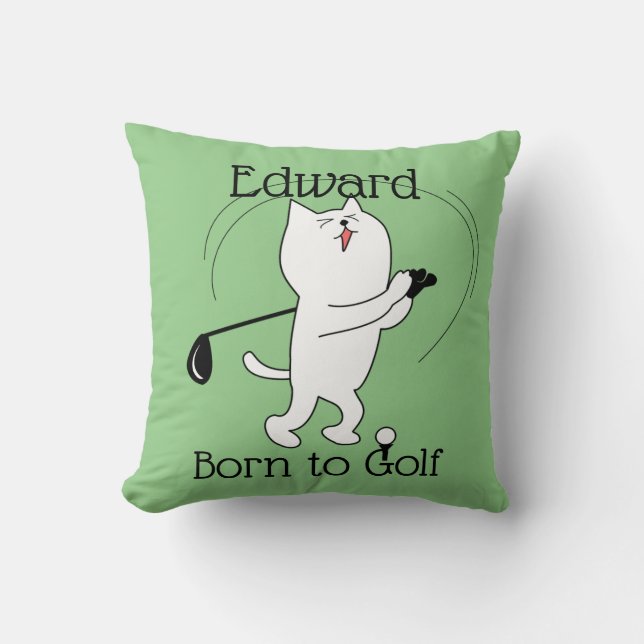 Cat Born to Golf Throw Pillow (Front)