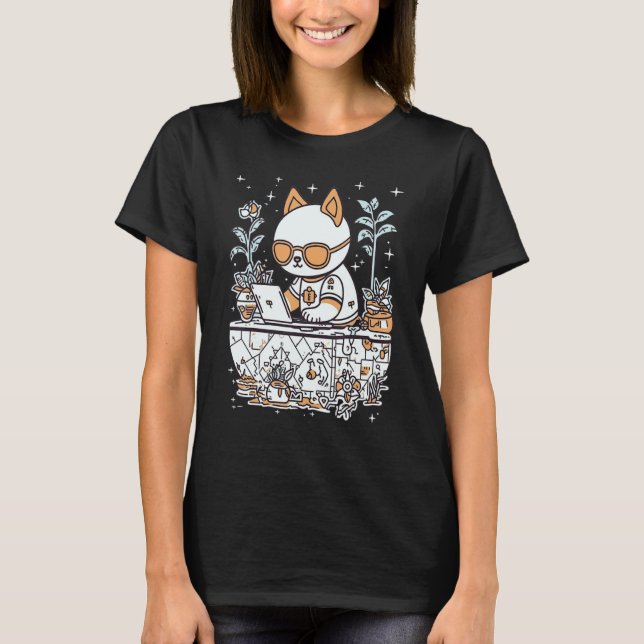 Cat Boss Feline Productivity Expert Sitting on Des T-Shirt (Front)