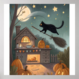 Cat & Broom Duo   Magical Halloween Night Poster
