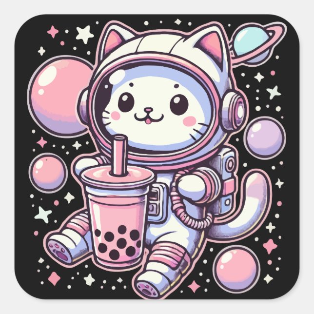 Cat Bubble Boba Tea In Space Astronaut Anime Square Sticker (Front)