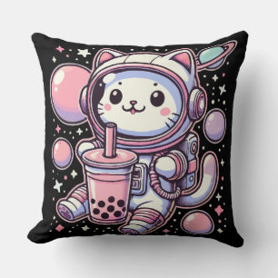Cat Bubble Boba Tea In Space Astronaut Anime Throw Pillow