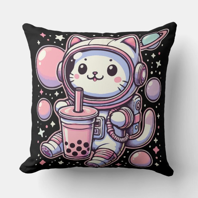 Cat Bubble Boba Tea In Space Astronaut Anime Throw Pillow (Front)