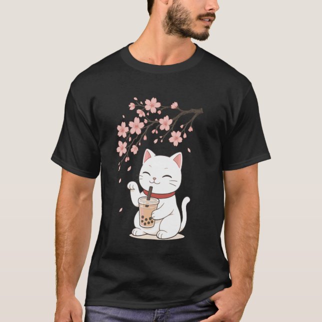 Cat Bubble Tea Cherry Blossom T-Shirt (Front)