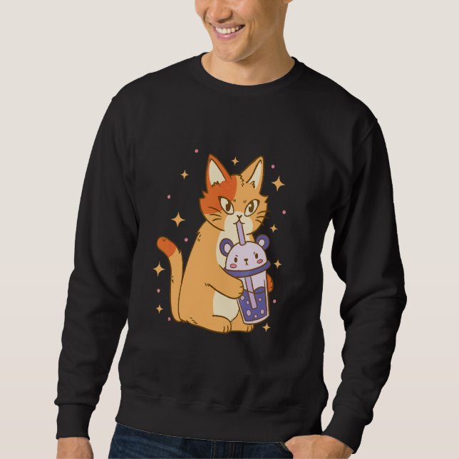 Cat Bubble Tea Cool Retro Fun Weird Bizarre Art Sweatshirt (Front)
