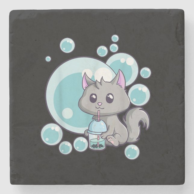 Cat Bubble Tea Gift | Funny Boba Tea Cats Design Stone Coaster (Front)