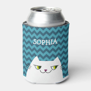 Cat Can Cooler Monogram Blue Chevron Cute