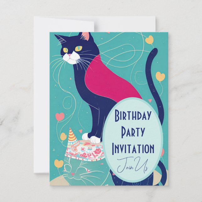 Cat cape anniversaire invitation turquoise marine (Devant)