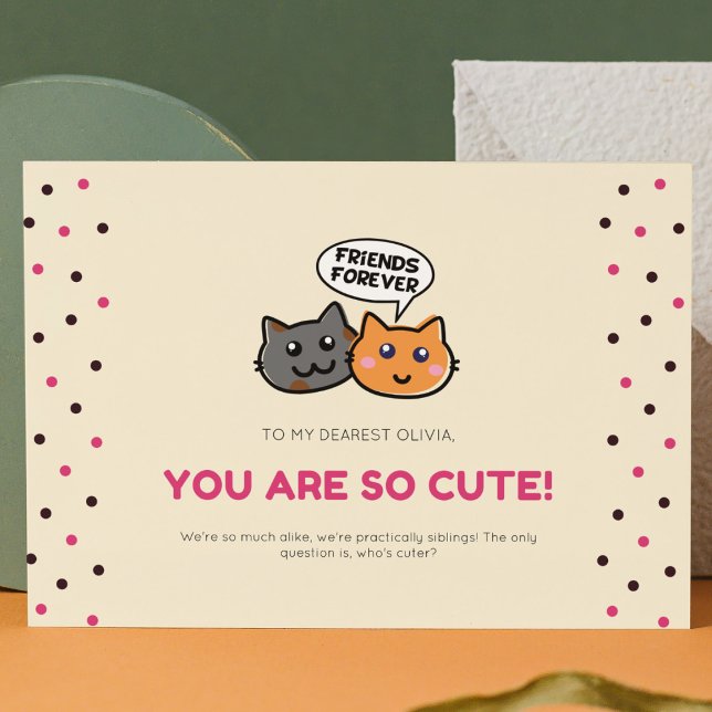 Cat Cartoon with Pink and Dark Red Polka Dot Holiday Postcard (Creator Uploaded)