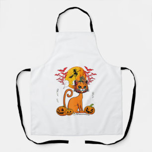 Cat Carved Pumpkin Horror Head Halloween Owner Lov Apron