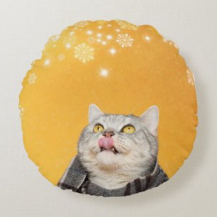 Cat Catching Snowflakes Winter Round Throw Pillow