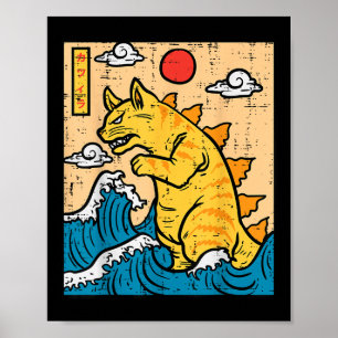 Cat Catzilla Funny Japanese Wave Art Men Women Kid Poster