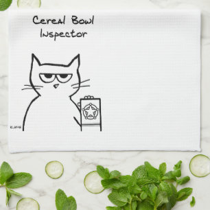 Cat, Cereal Bowl Inspector - Funny Kitchen Towel