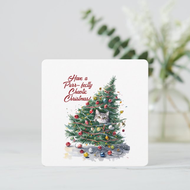 Cat Chaos Christmas Tree Design Watercolor Invitation (Standing Front)