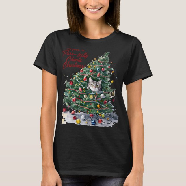 Cat Chaos Christmas Tree Design Watercolor T Shirt (Front)
