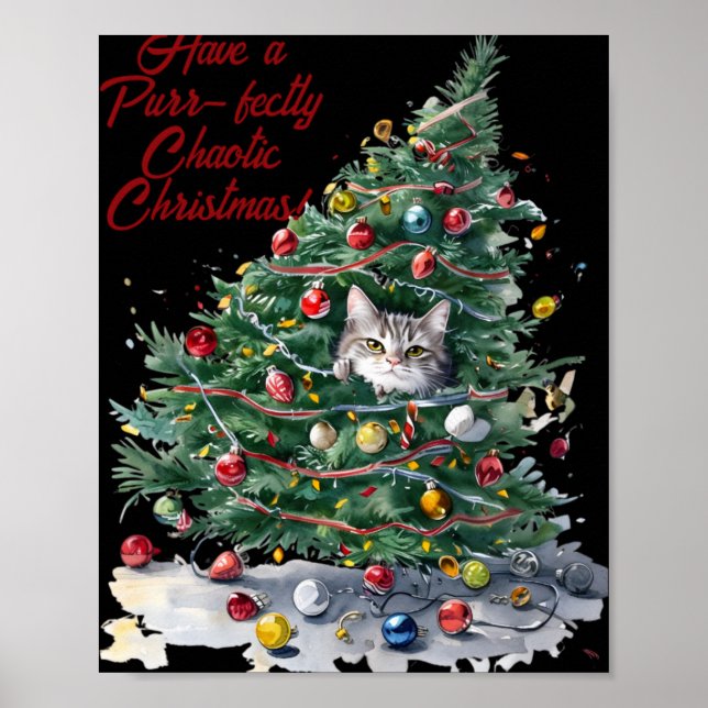 Cat Chaos Christmas Tree Design Watercolor T Shirt Poster (Front)