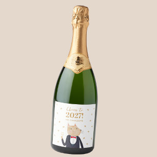 Cat Cheers to 2027 New Year Personalized Sparkling Wine Label