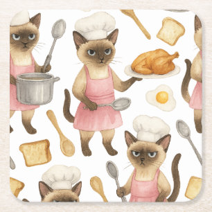 Cat Chef is cooking Breakfast Square Paper Coaster
