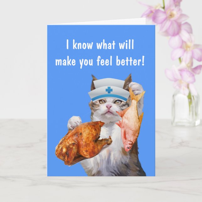 Cat, Chicken, And Fish Get Well Card (Orchid)