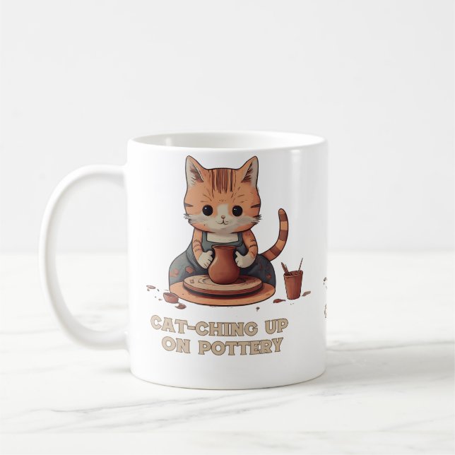 Cat-Ching Up On Pottery Funny Cat Lover Design Coffee Mug (Left)