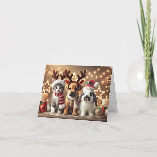 Cat Christmas card, Dog Christmas card, Bunny Holiday Card (Front)