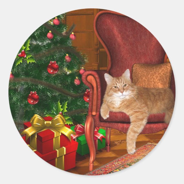Cat Christmas Classic Round Sticker (Front)