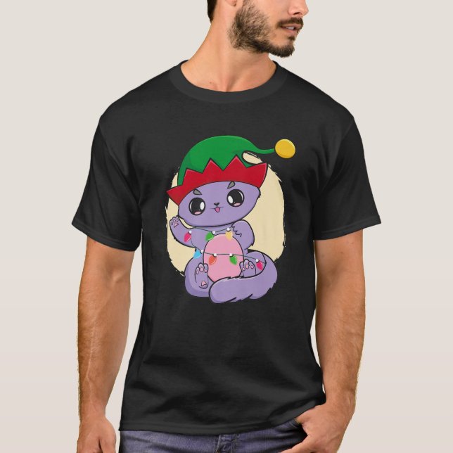 Cat Christmas Elf Crew Chibi Neko Anime Kawaii San T-Shirt (Front)