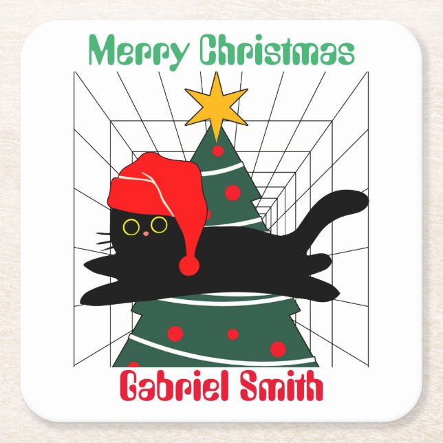 cat christmas gifts, personalized name   square paper coaster (Front)