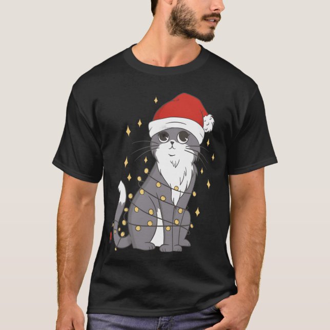 Cat Christmas Hat Christmas Lights Cat Christmas v T-Shirt (Front)