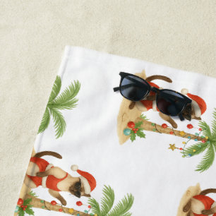 Cat Christmas in July Hawaiian Red Hibiscus flower Beach Towel