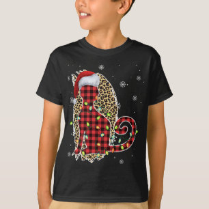 Cat Christmas Leopard Buffalo Plaid Red Santa Hat T-Shirt