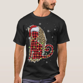 Cat Christmas Leopard Buffalo Plaid Red Santa Hat T-Shirt