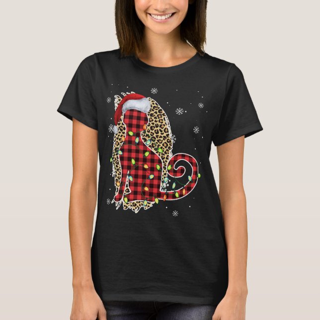 Cat Christmas Leopard Buffalo Plaid Red Santa Hat  T-Shirt (Front)