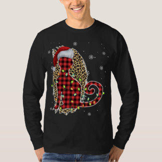 Cat Christmas Leopard Buffalo Plaid Red Santa Hat T-Shirt