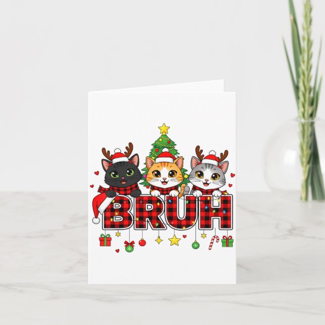Cat Christmas Light Reindeer Santa Bruh Funny  Card (Front)